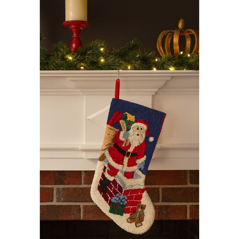 VTG SANTA Latched RUG Shag Look CHRISTMAS STOCKING Teddy Bear Chimney Present